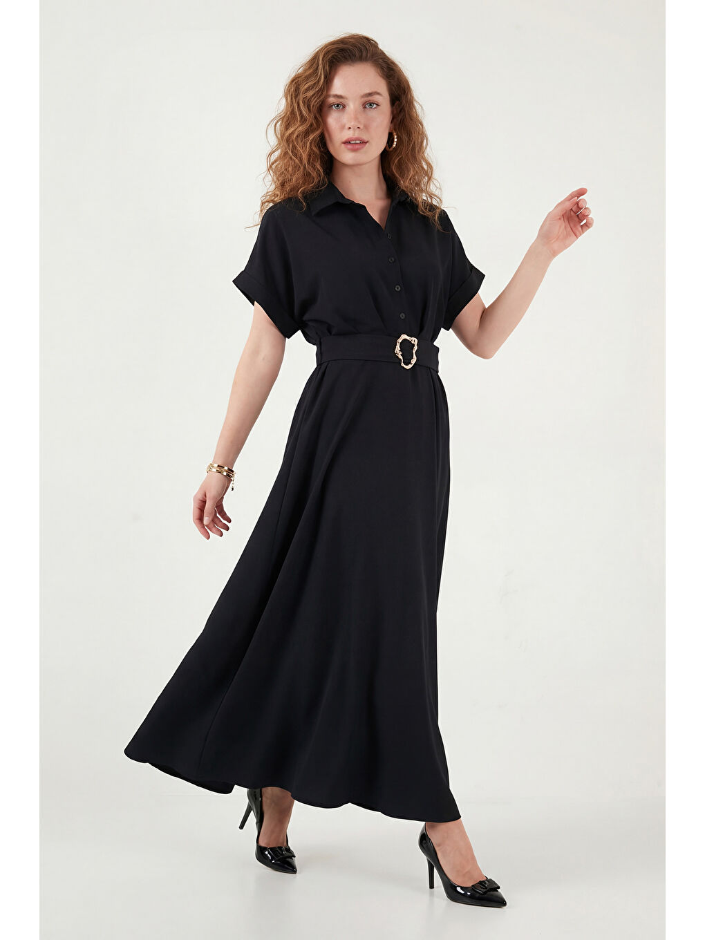 Siyah Gömlek Yaka Kemerli Maxi Boy Elbise 6922376-1