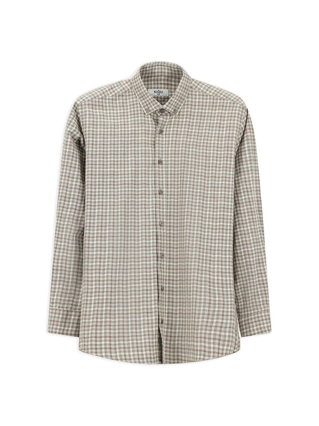 Bej Uzun Kol Regular Fit Düğmeli Yaka Spor Pamuk Ekose Oduncu Gömlek-5