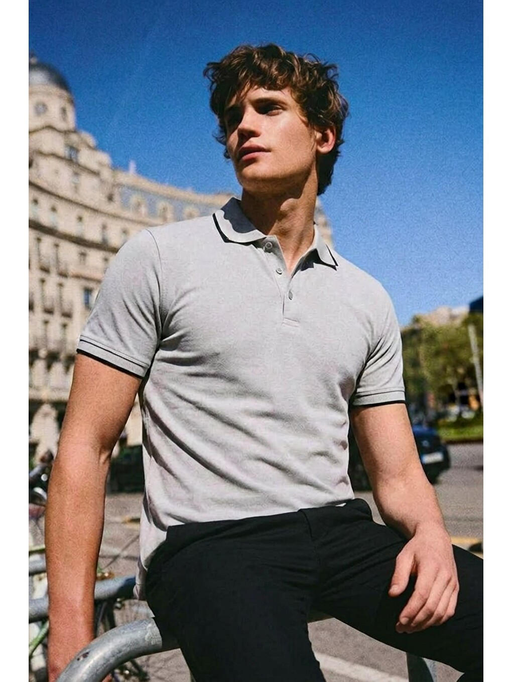 Erkek Basic Klasik Gri Polo Yaka Tişört-3