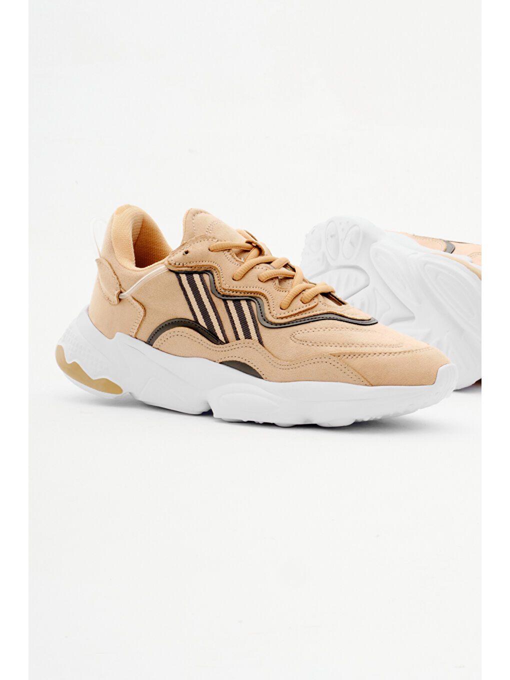 Unisex Bej Rahat Kalıp Yüksek Taban Şeritli Bağcıklı Spor Ayakkabı-3