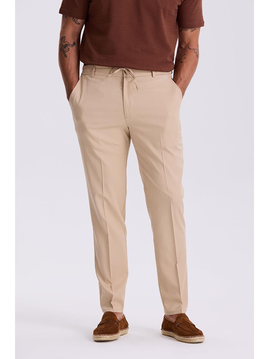 Bej Comfort Fit Beli Lastikli Rahat Kesim Jogger Pantolon