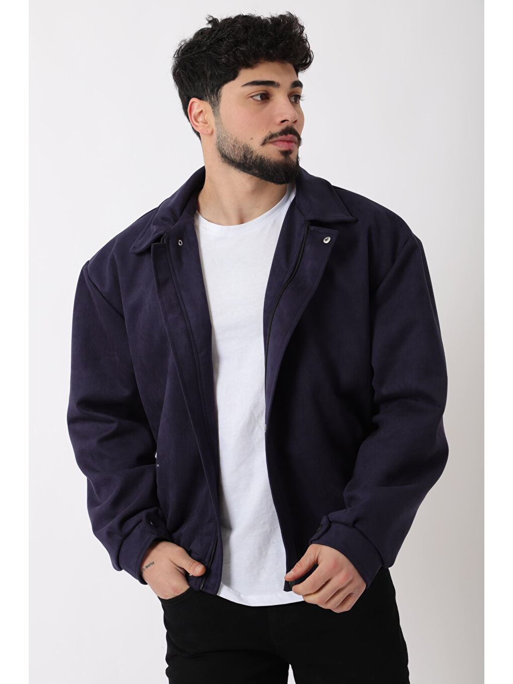 Lacivert Yakalı Bel Lastikli Süet Mevsimlik Yağlı Görünümlü Mont BL 1808_60322