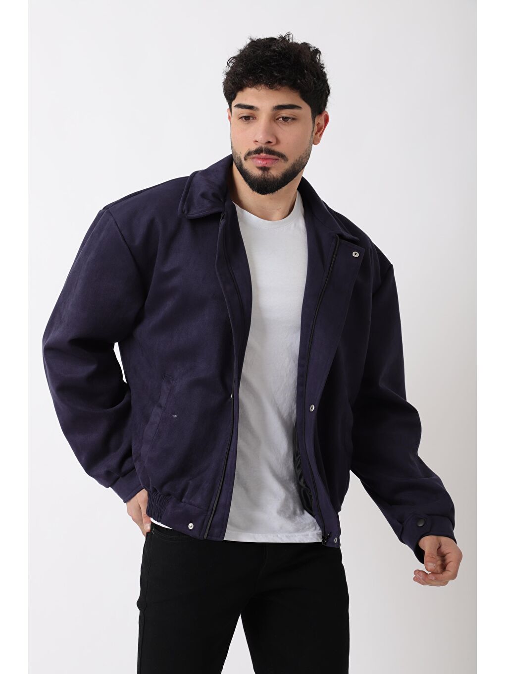 Lacivert Yakalı Bel Lastikli Süet Mevsimlik Yağlı Görünümlü Mont BL 1808_60322-1