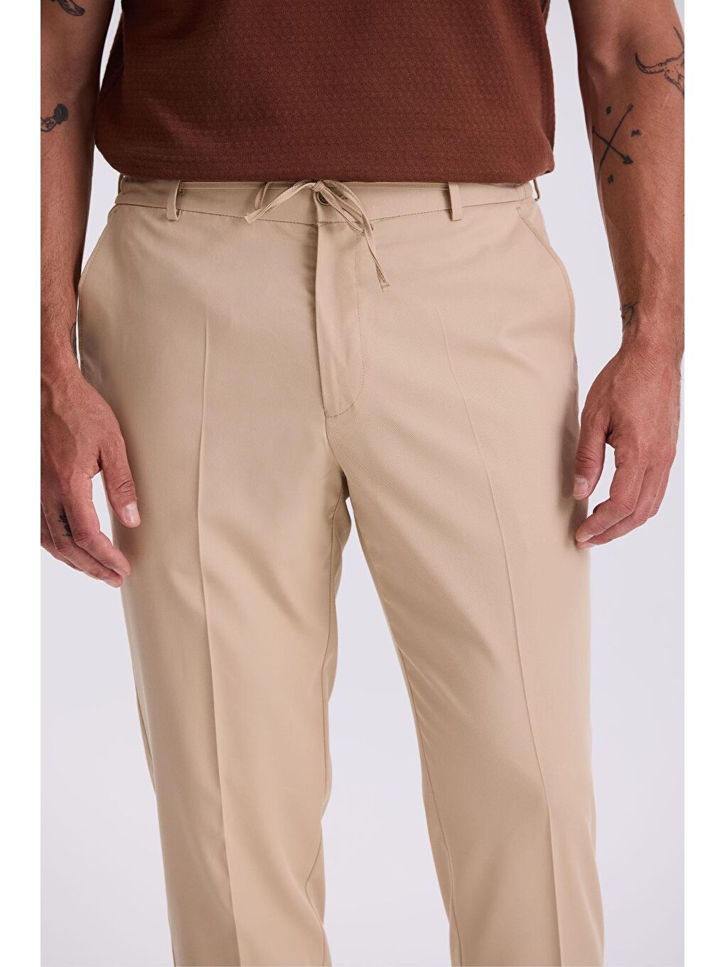 Bej Comfort Fit Beli Lastikli Rahat Kesim Jogger Pantolon-2