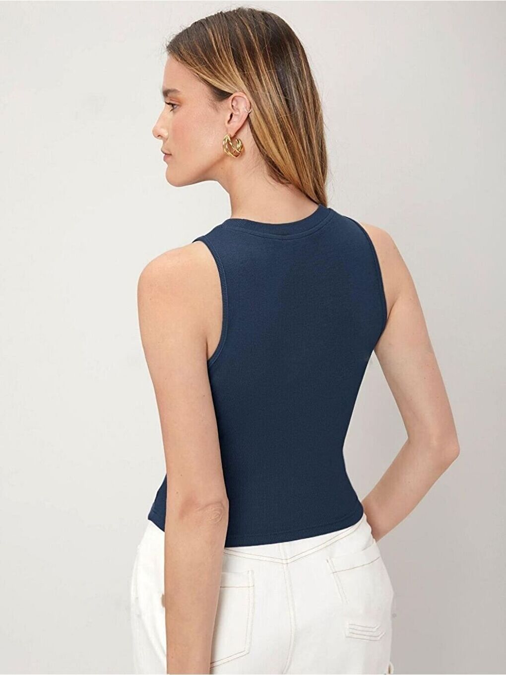 Lacivert Horse Baskılı Bisiklet Yaka Kolsuz Body Atlet Bluz-1