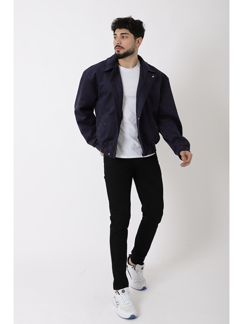 Lacivert Yakalı Bel Lastikli Süet Mevsimlik Yağlı Görünümlü Mont BL 1808_60322-2