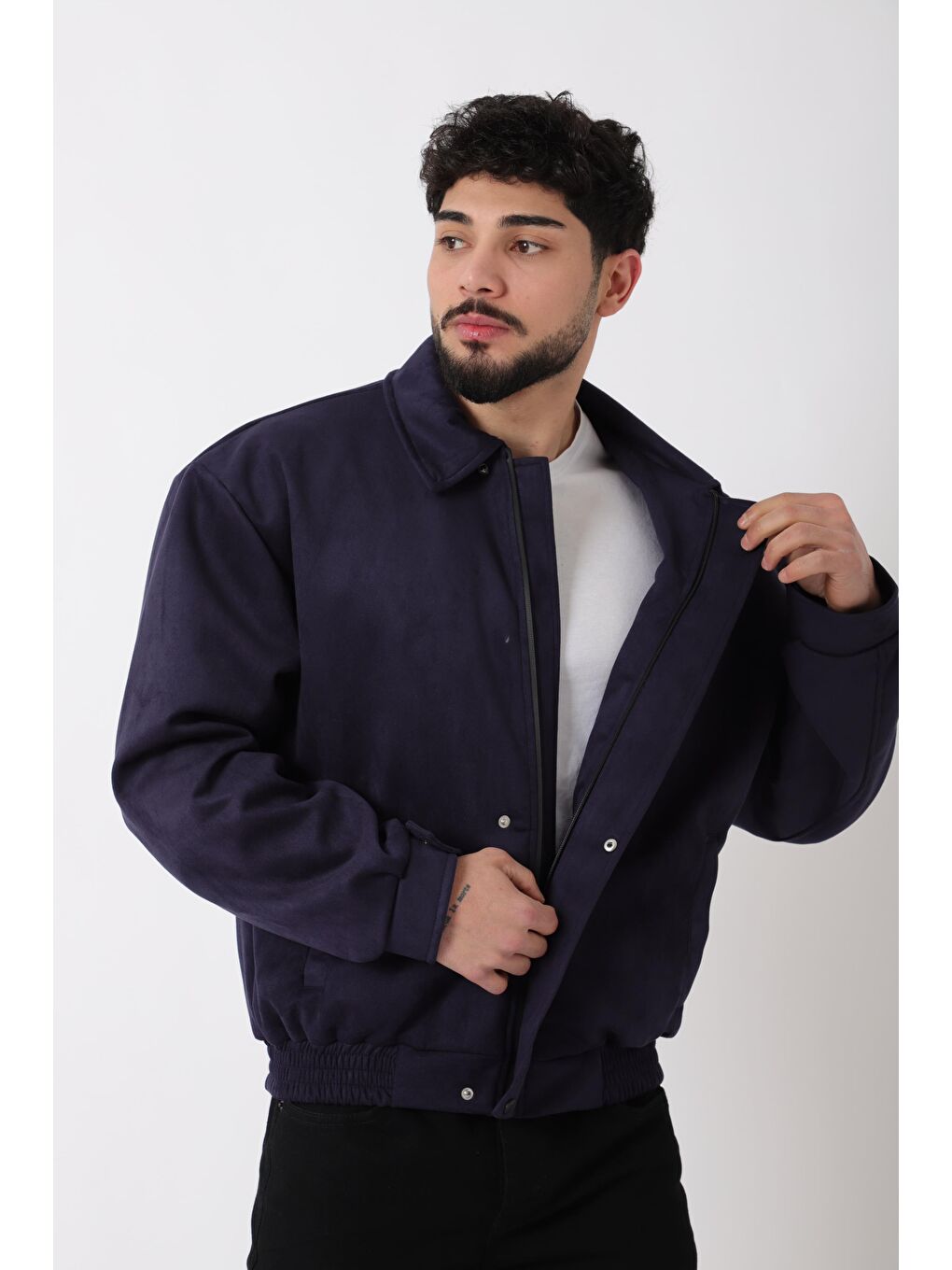 Lacivert Yakalı Bel Lastikli Süet Mevsimlik Yağlı Görünümlü Mont BL 1808_60322-3