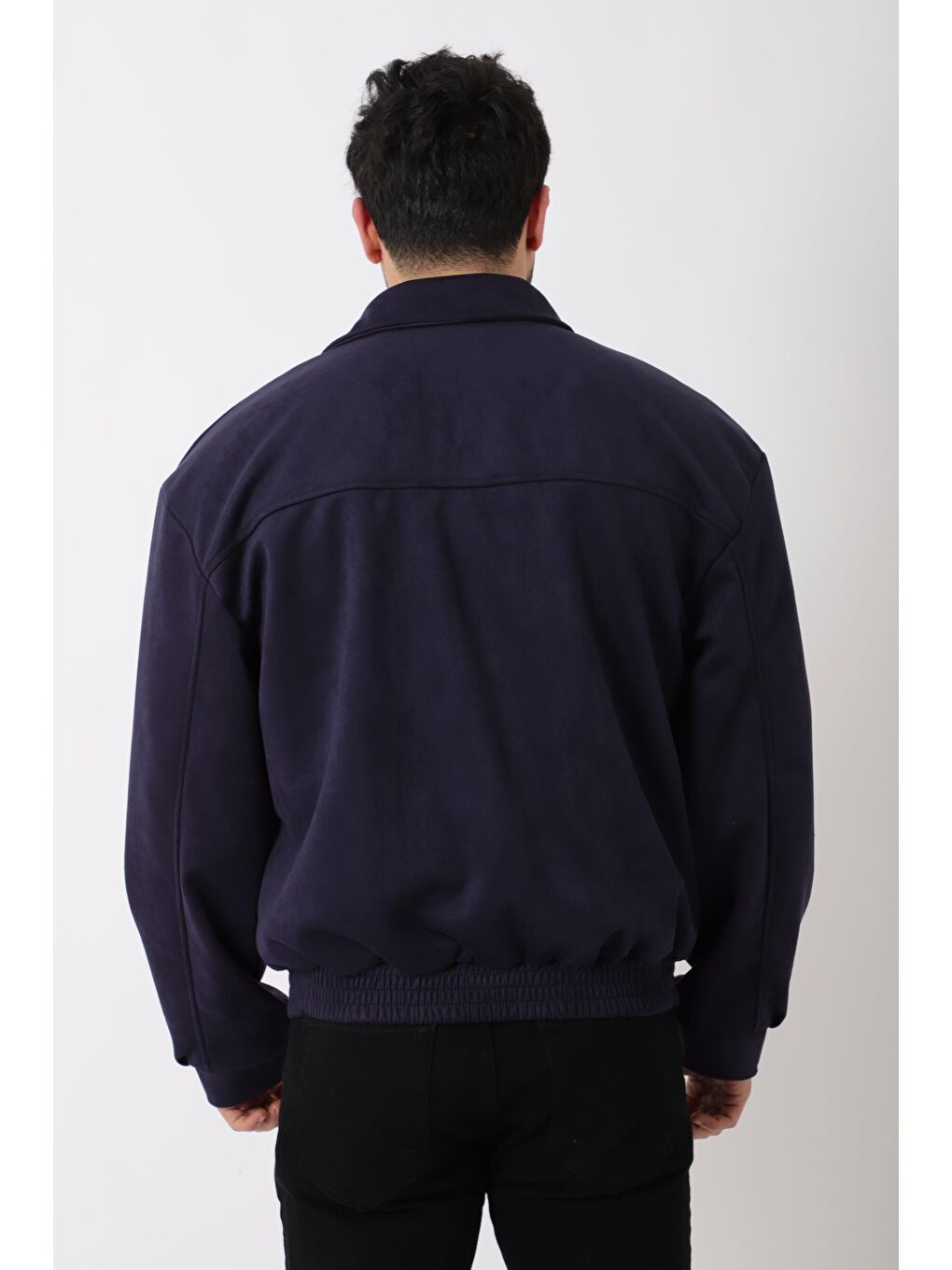 Lacivert Yakalı Bel Lastikli Süet Mevsimlik Yağlı Görünümlü Mont BL 1808_60322-4