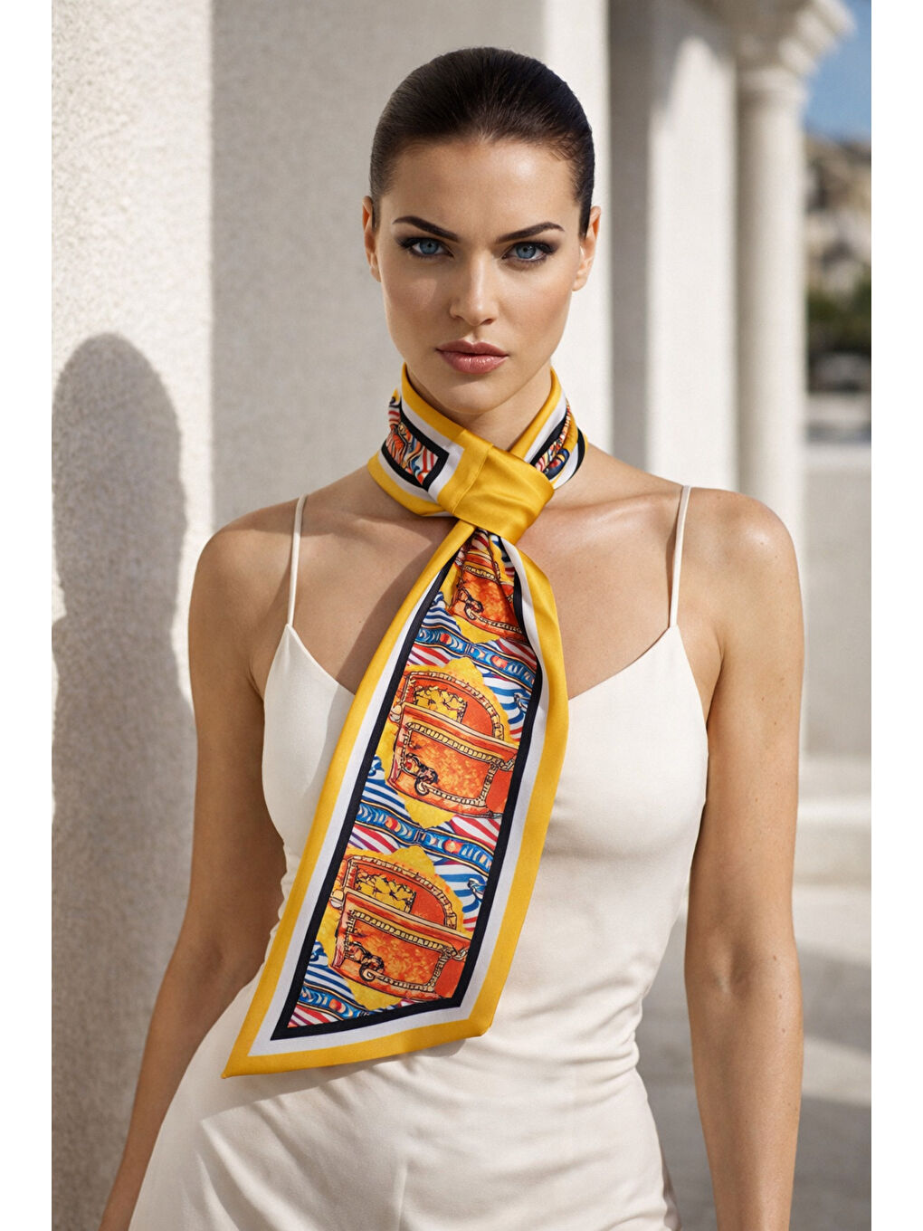 Canlı Sarı Retro Desenli Boyun Fuları FLR1020 SARI