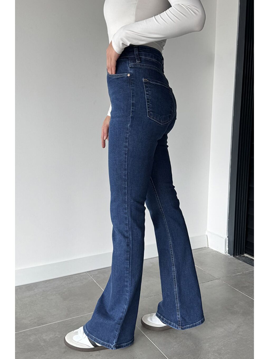 Lacivert Kadın Yüksek Bel İspanyol Paça Jean Jean Pantolon-1
