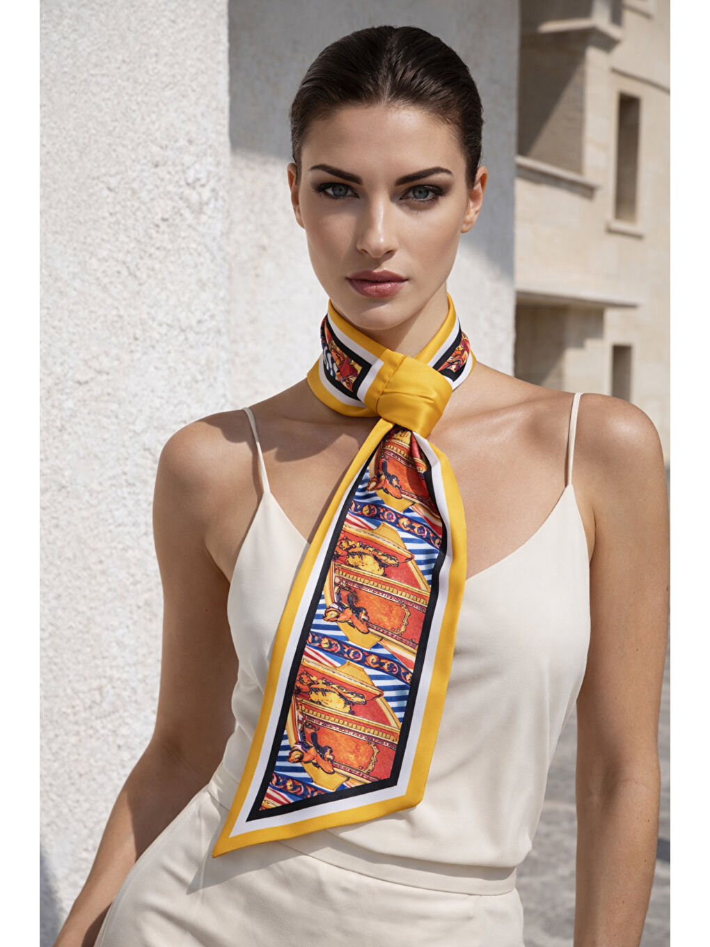 Canlı Sarı Retro Desenli Boyun Fuları FLR1020 SARI-1