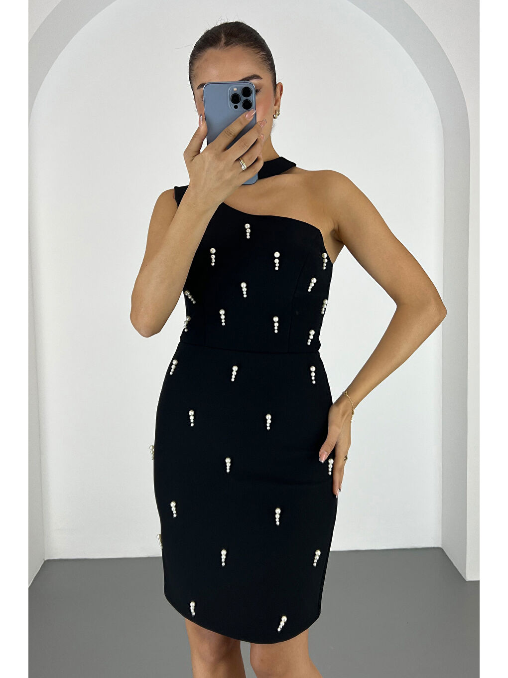 Kadın Siyah İncili Mini Söz Nişan Nikah Abiye Elbise-1