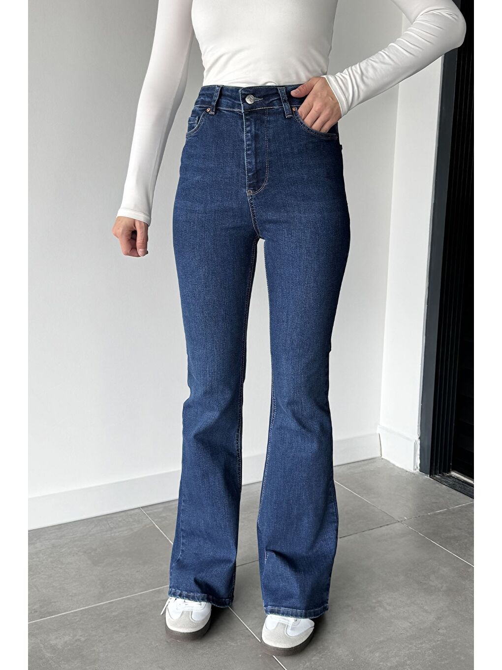 Lacivert Kadın Yüksek Bel İspanyol Paça Jean Jean Pantolon-2