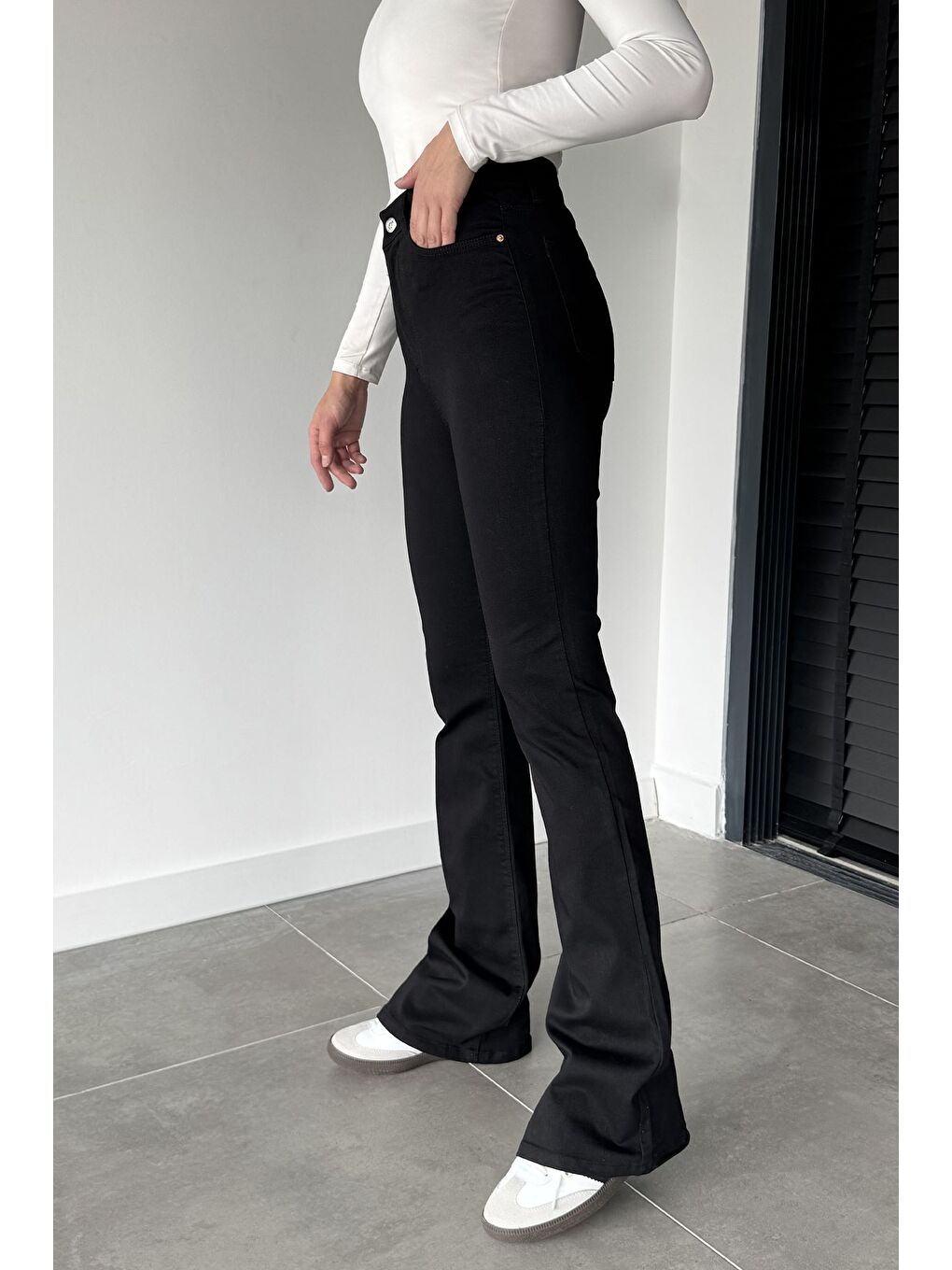 Siyah Kadın Elastanlı İspanyol Paça Yüksek Bel Jean Jean Pantolon-2