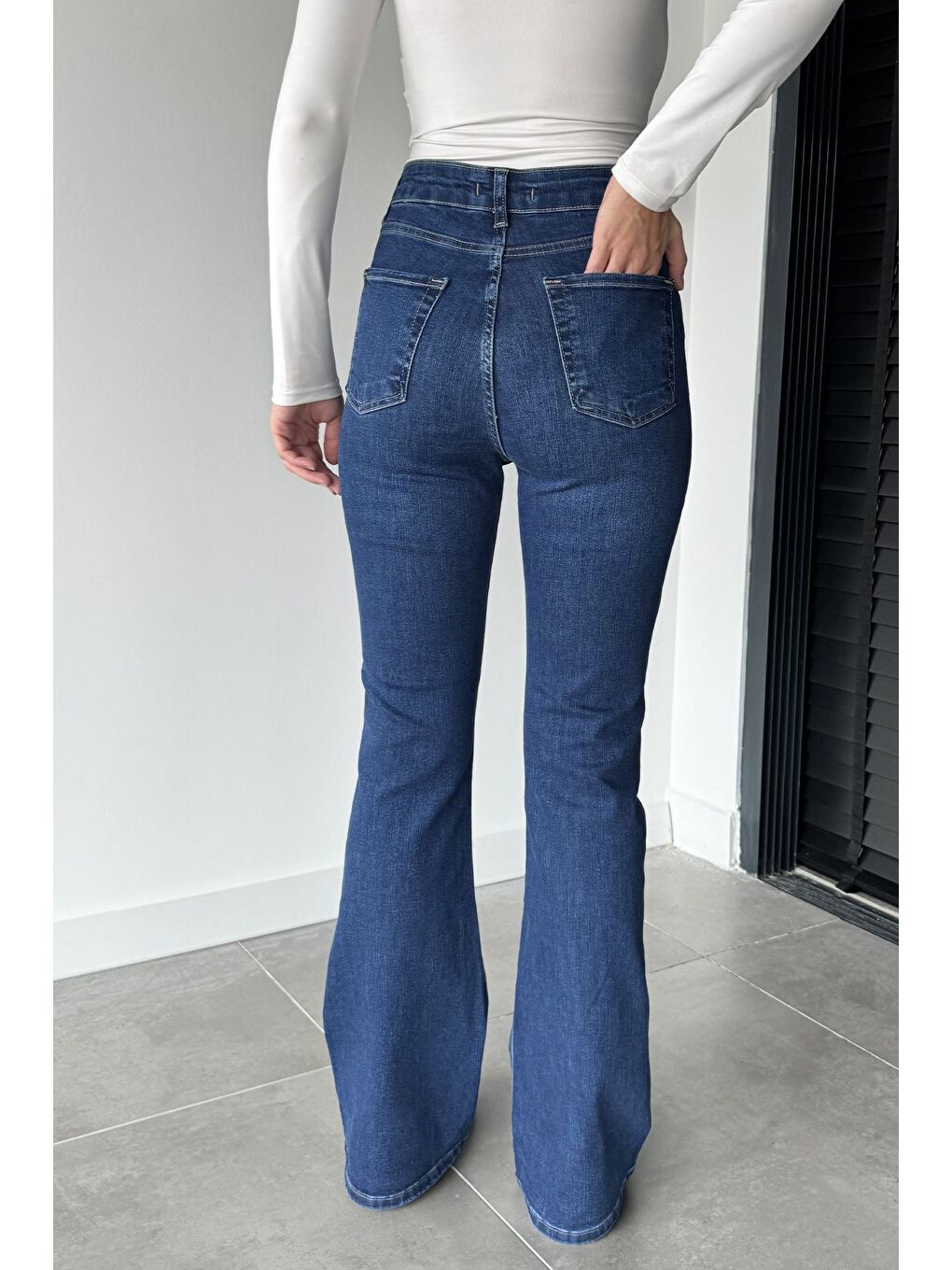 Lacivert Kadın Yüksek Bel İspanyol Paça Jean Jean Pantolon-3