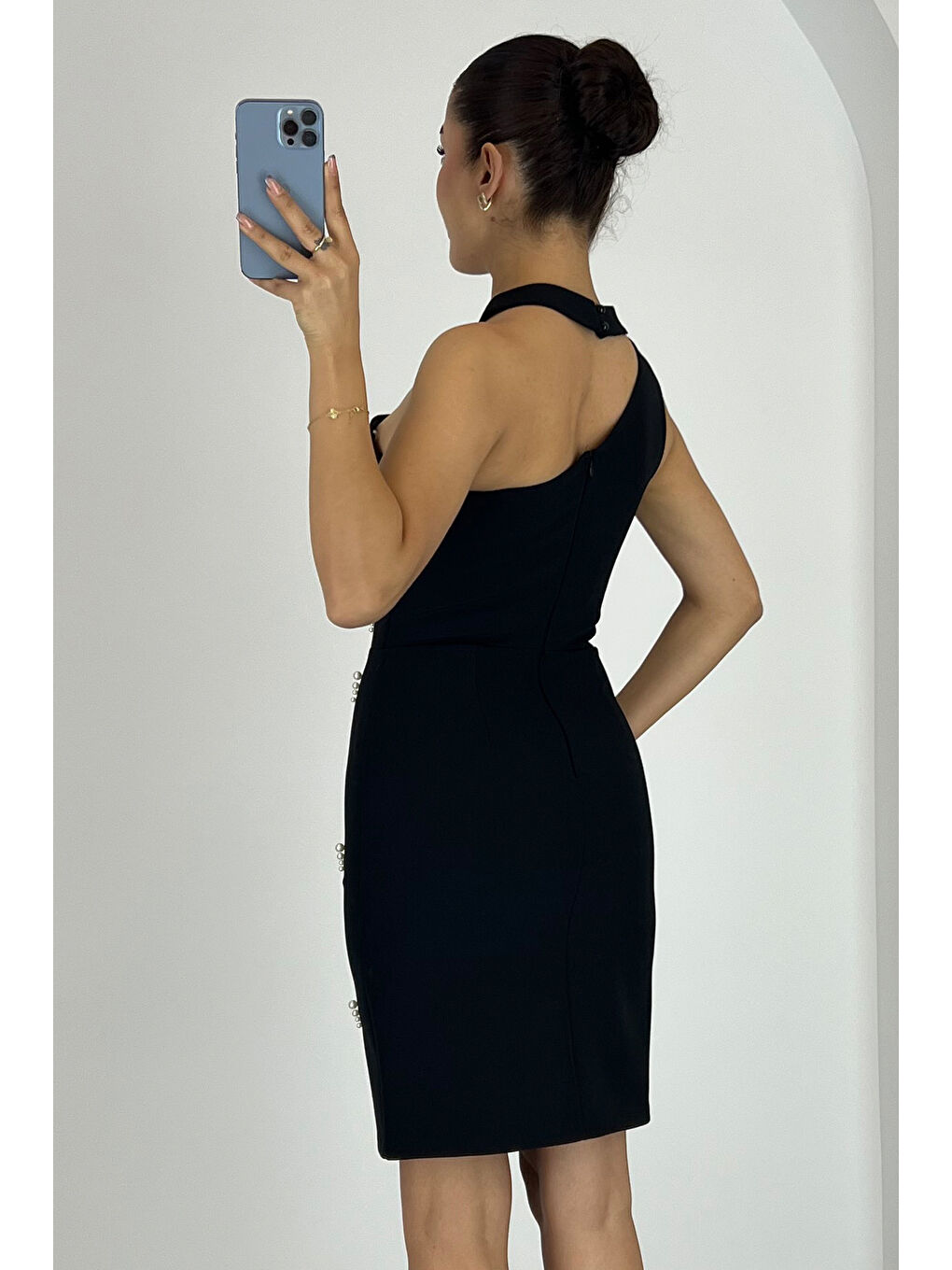 Kadın Siyah İncili Mini Söz Nişan Nikah Abiye Elbise-4