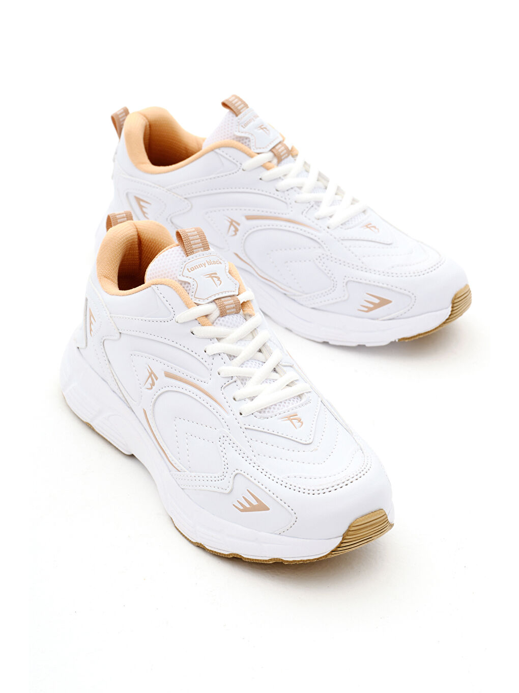 Unisex Beyaz Bej Rahat Kalıp Yüksek Faylon Taban Bağcıklı Spor Ayakkabı-2