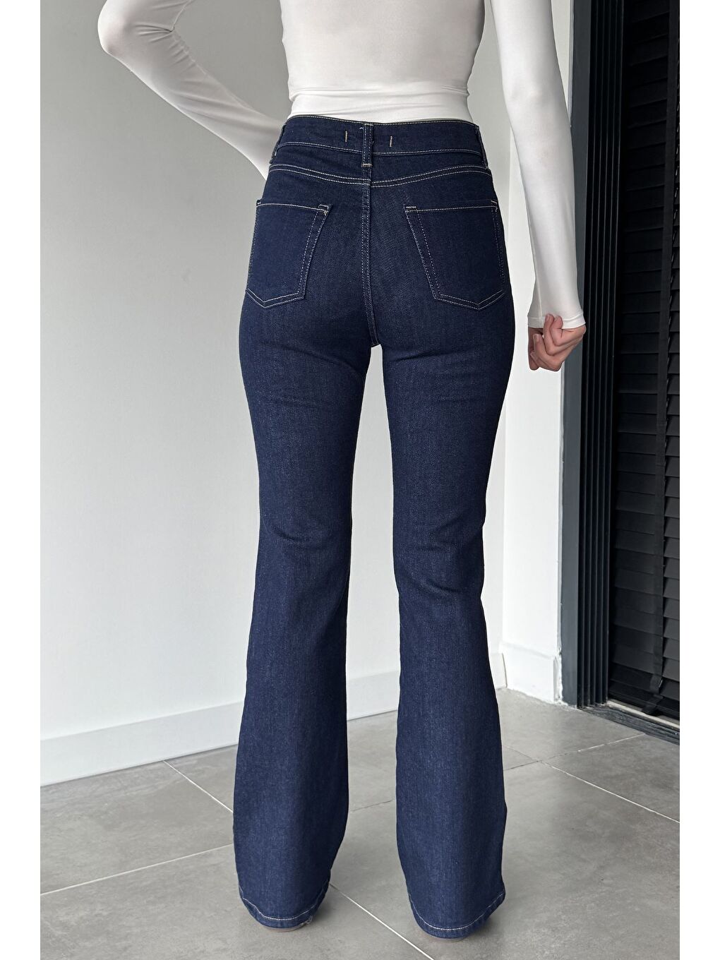 Lacivert Kadın Elastanlı İspanyol Paça Yüksek Bel Jean Jean Pantolon-3