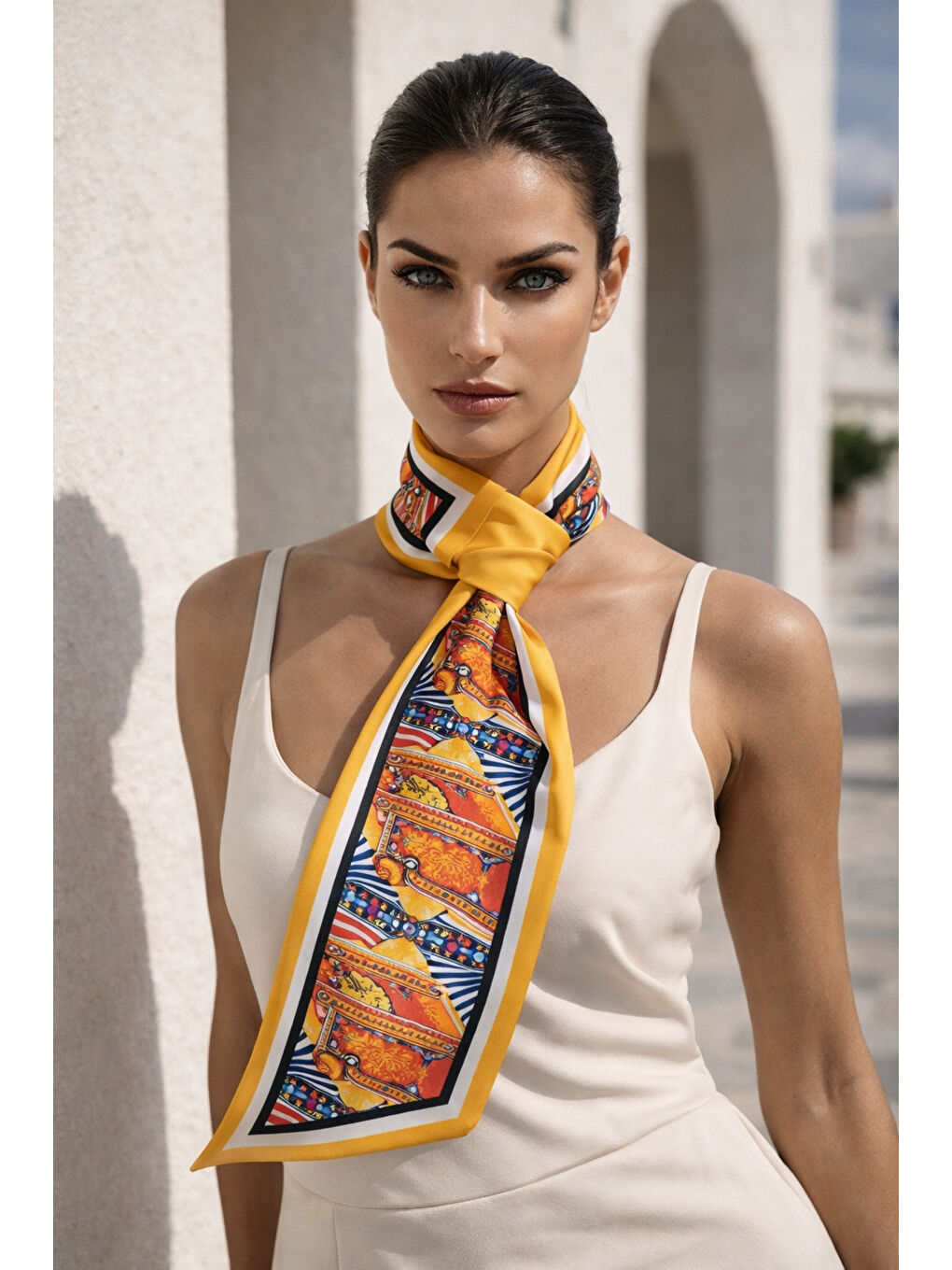 Canlı Sarı Retro Desenli Boyun Fuları FLR1020 SARI-2