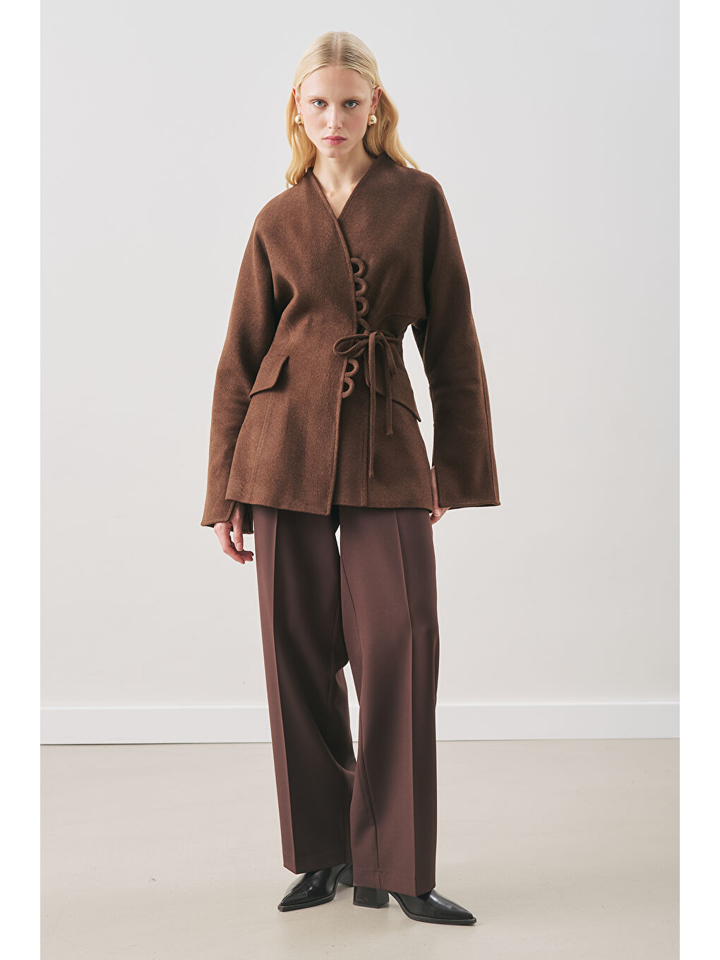 Kahverengi Aroa Bağlamalı Kaşe Ceket Acı Kahve-3