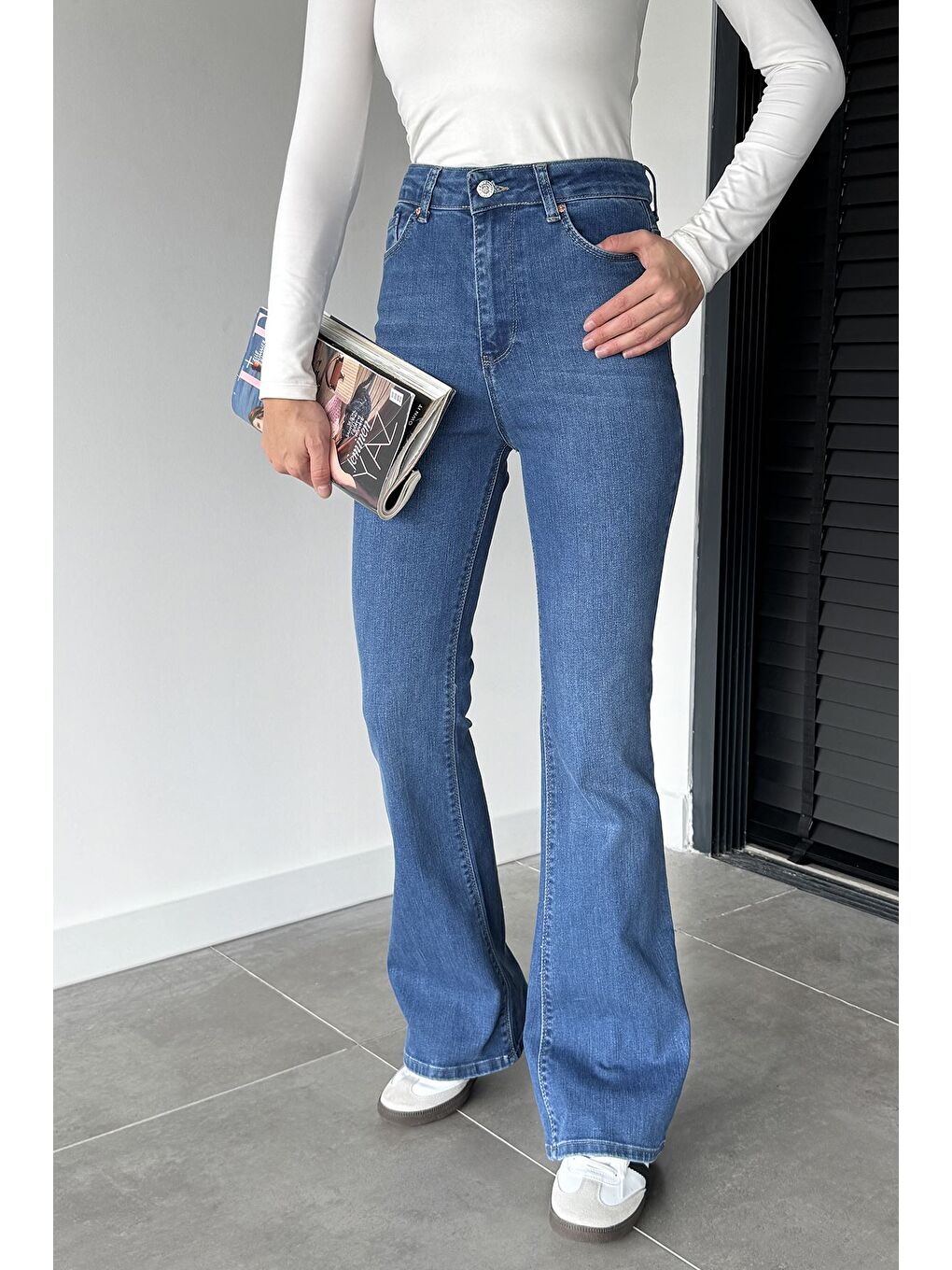 Mavi Kadın Yüksek Bel İspanyol Paça Jean Jean Pantolon-3