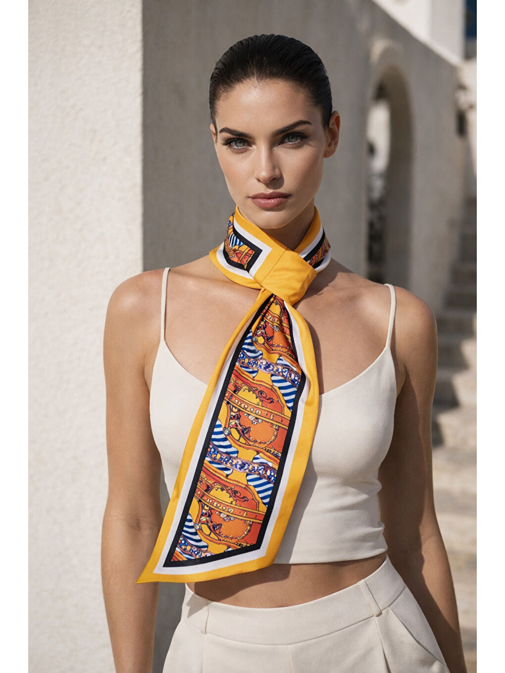 Canlı Sarı Retro Desenli Boyun Fuları FLR1020 SARI-3