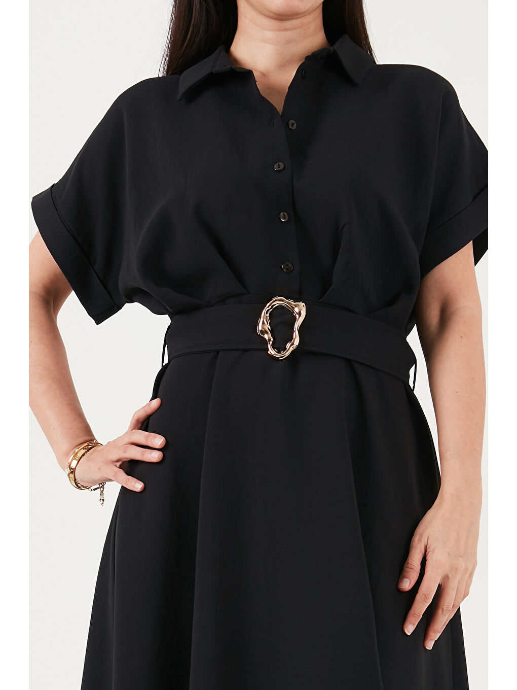 Siyah Gömlek Yaka Kemerli Maxi Boy Elbise 6922376-5