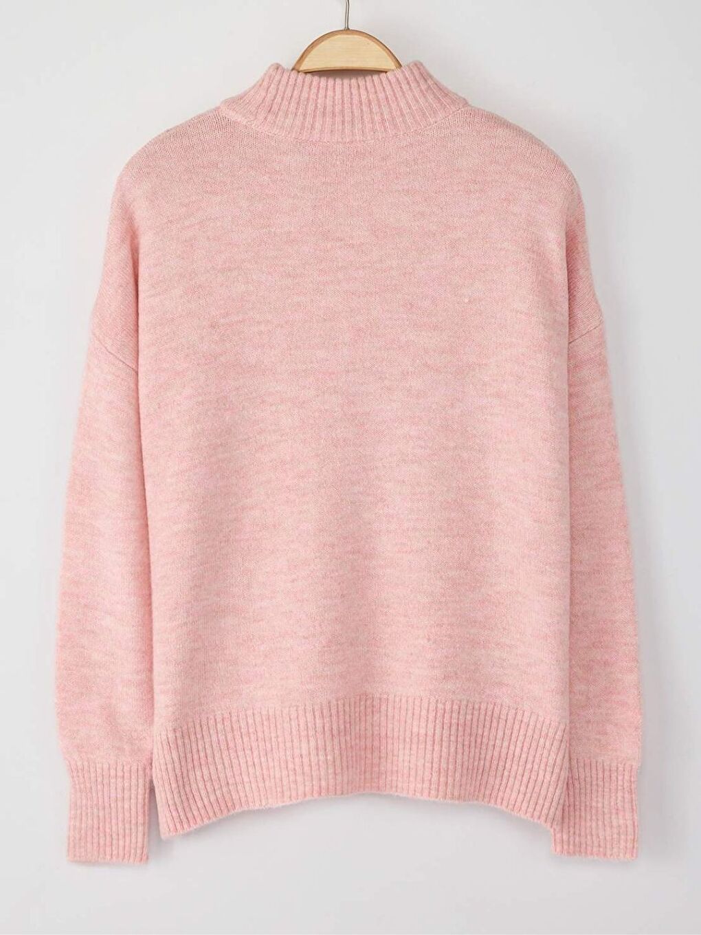 Pudra Pembe Geniş Kalıp Yumuşak Dokulu Dik Yaka Triko Kazak-1