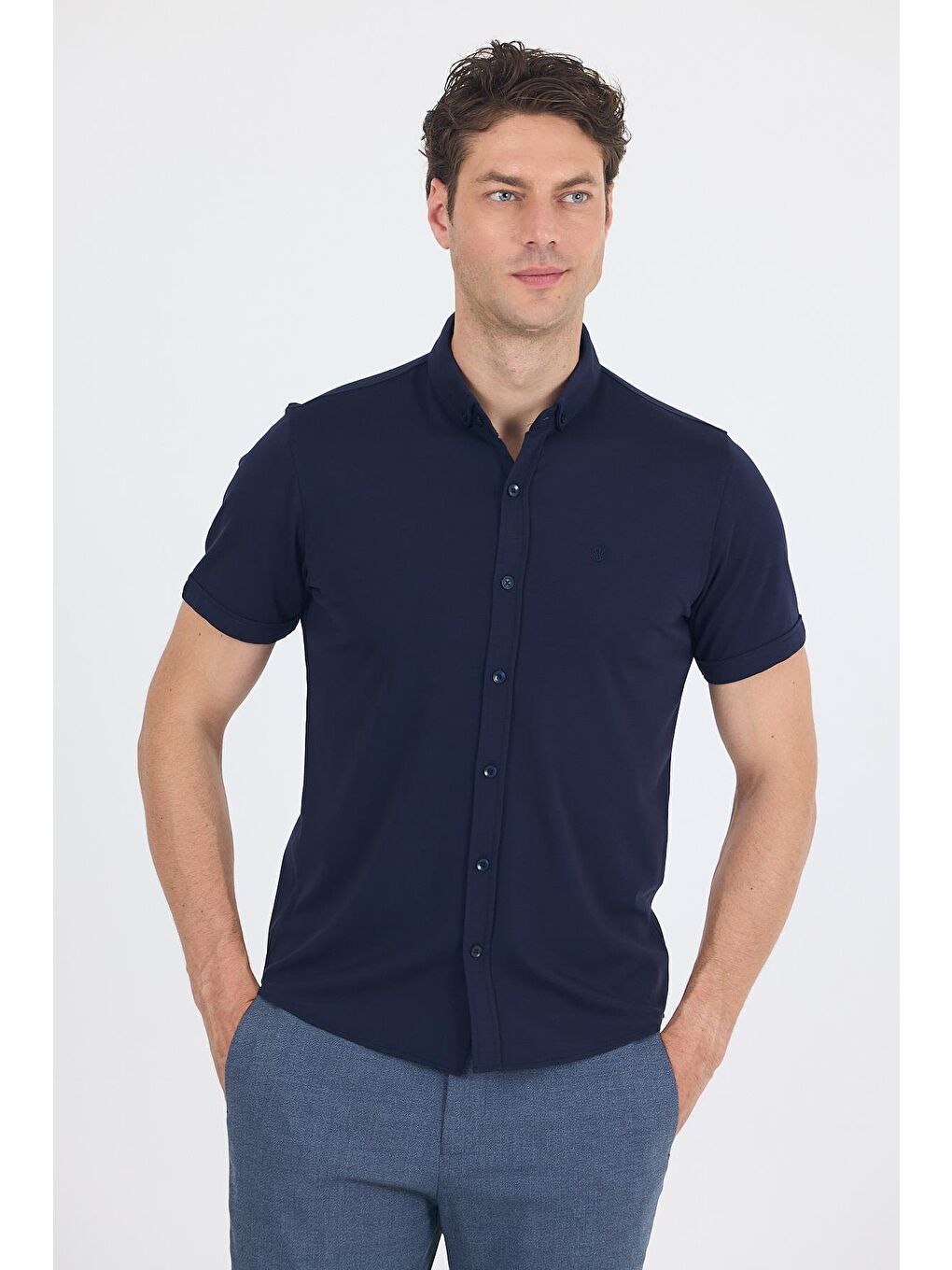 Koyu Lacivert İtalyan Düğmeli Yaka Kısa Kol Cepsiz Slim Fit Büyük Beden Gömlek 1004250255-2