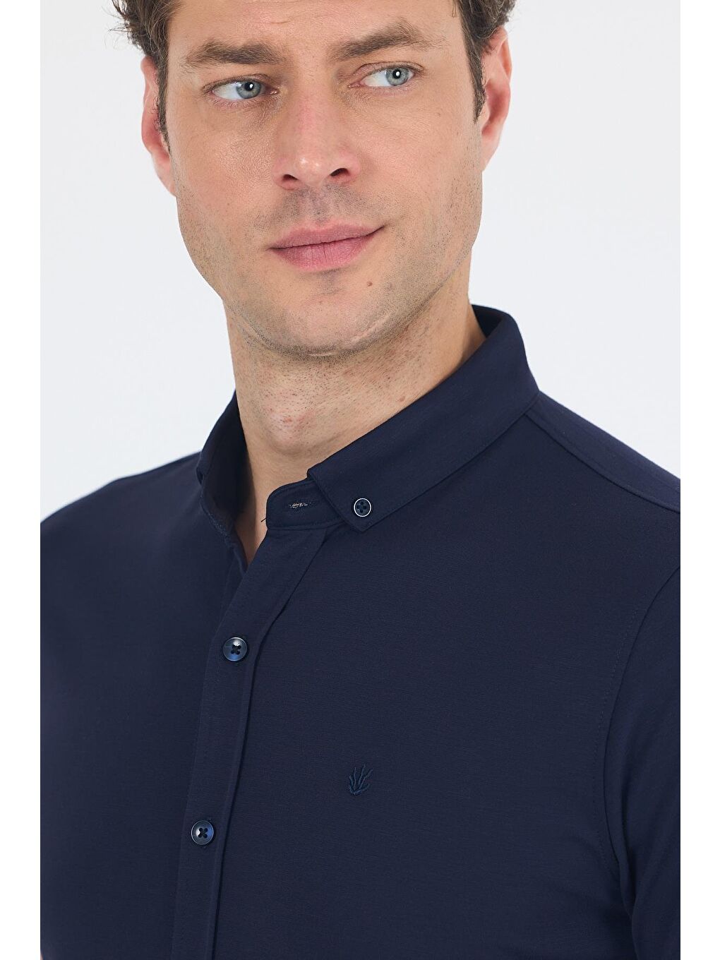 Koyu Lacivert İtalyan Düğmeli Yaka Kısa Kol Cepsiz Slim Fit Büyük Beden Gömlek 1004250255-3