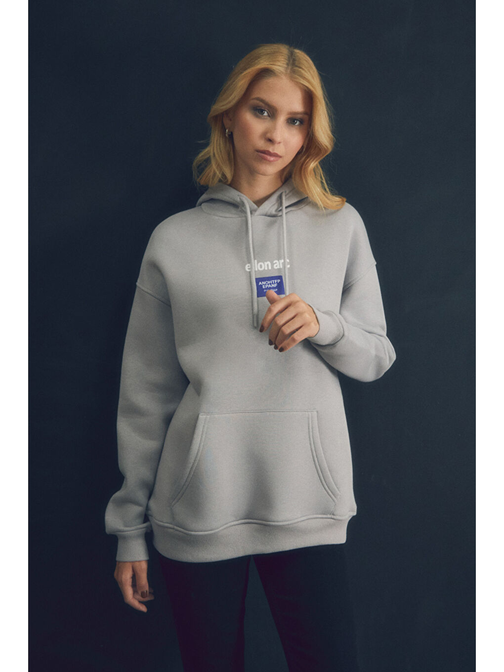 Fullamoda Gri Baskılı Kanguru Cepli Kapüşonlu Sweatshirt