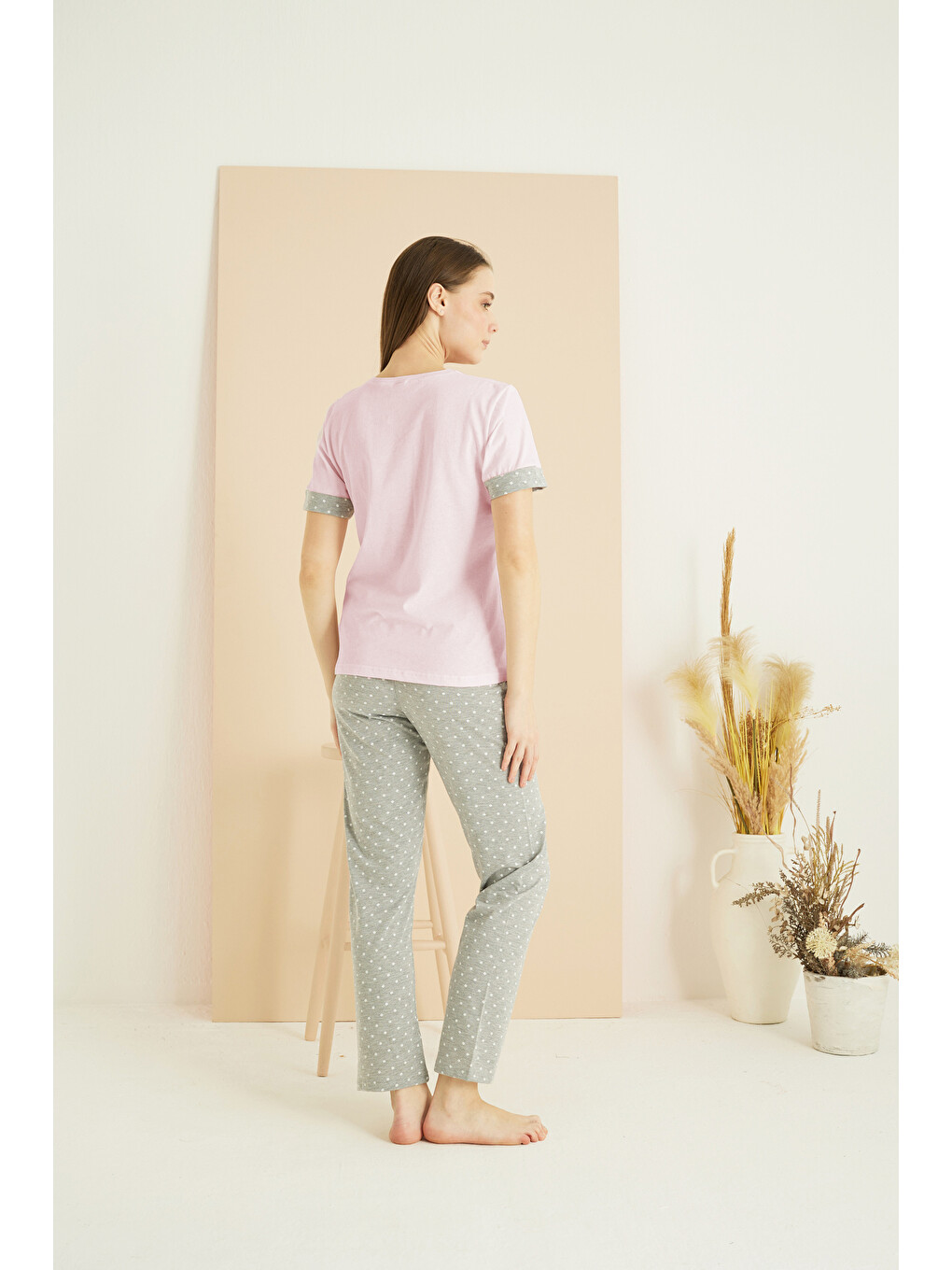 Pembe Desenli Pamuklu Bisiklet Yaka Örme Pijama Takım25103254-2