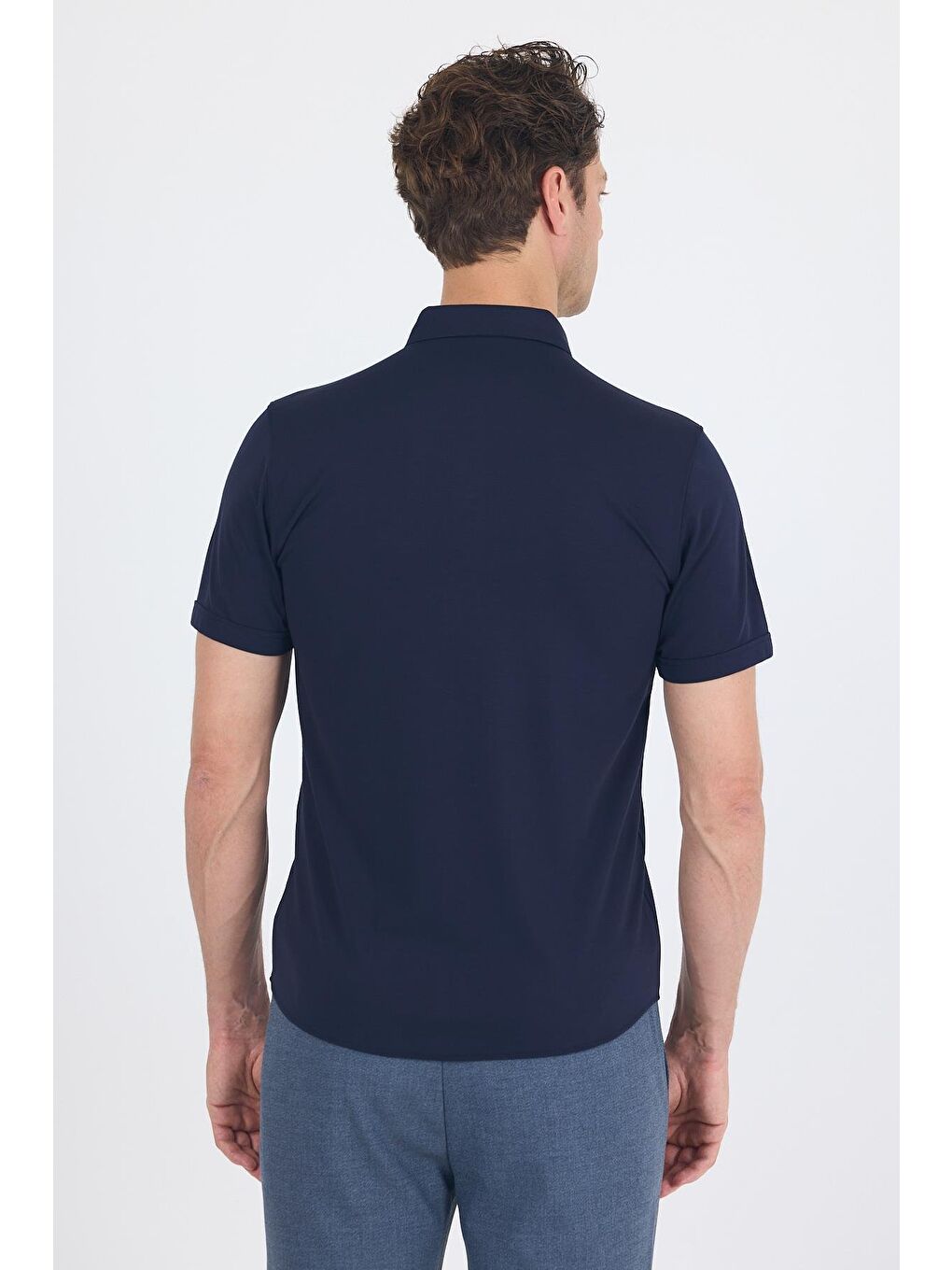 Koyu Lacivert İtalyan Düğmeli Yaka Kısa Kol Cepsiz Slim Fit Büyük Beden Gömlek 1004250255-4