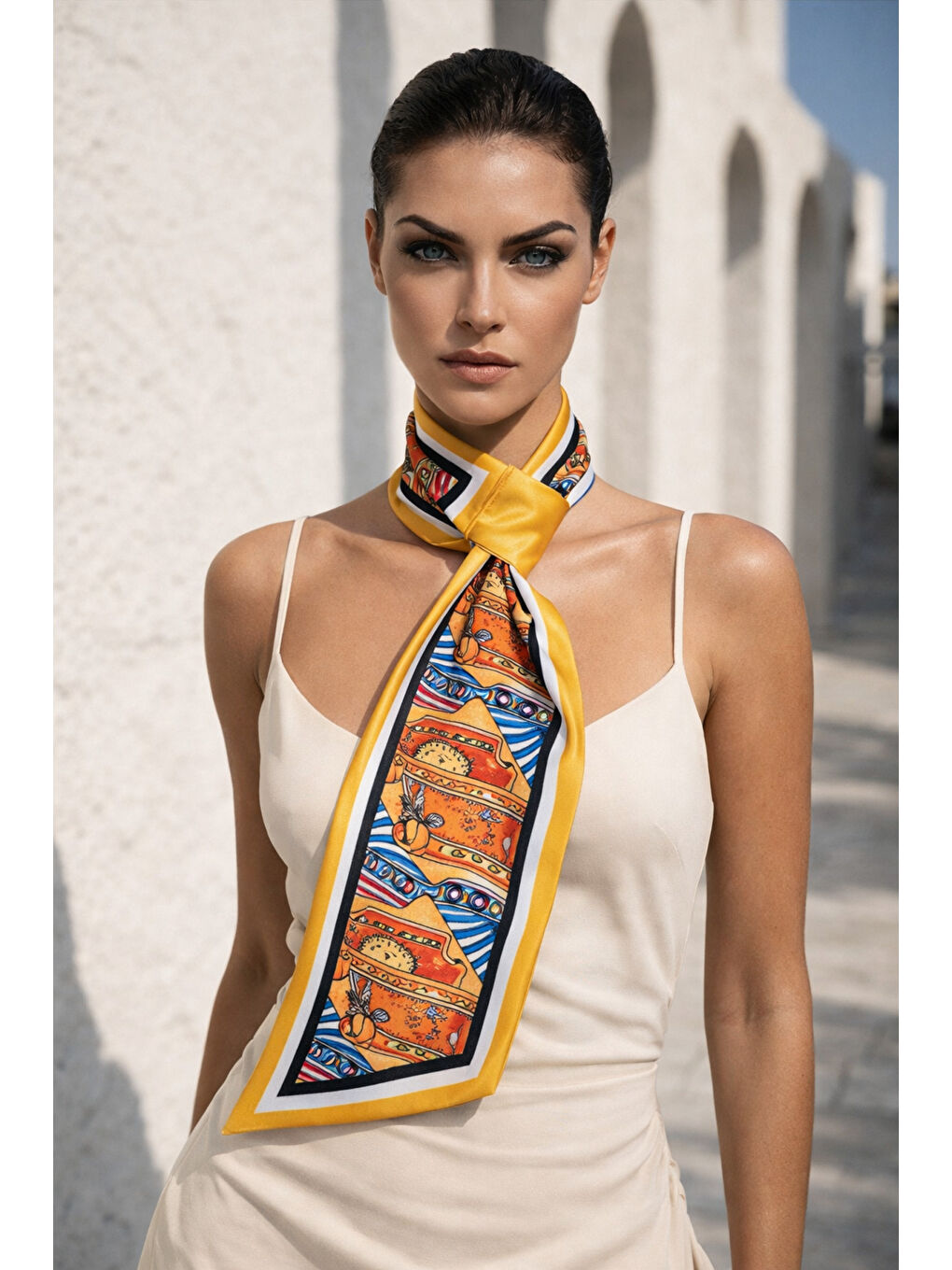Canlı Sarı Retro Desenli Boyun Fuları FLR1020 SARI-4
