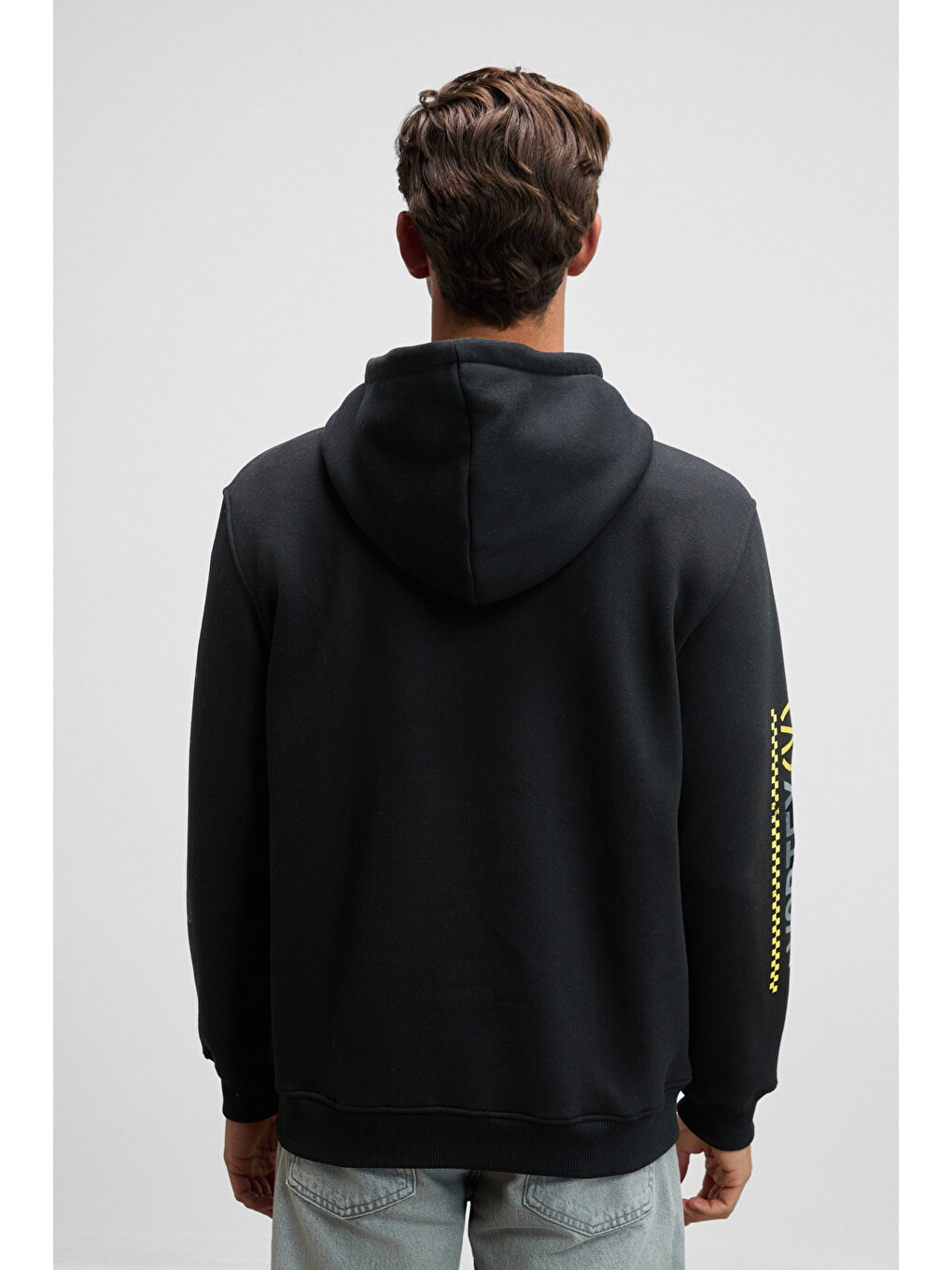 Cornelıus Erkek Önü Ve Kolları Baskılı Kapüşonlu Kordonlu Kanguru Cepli Siyah Sweatshirt-5