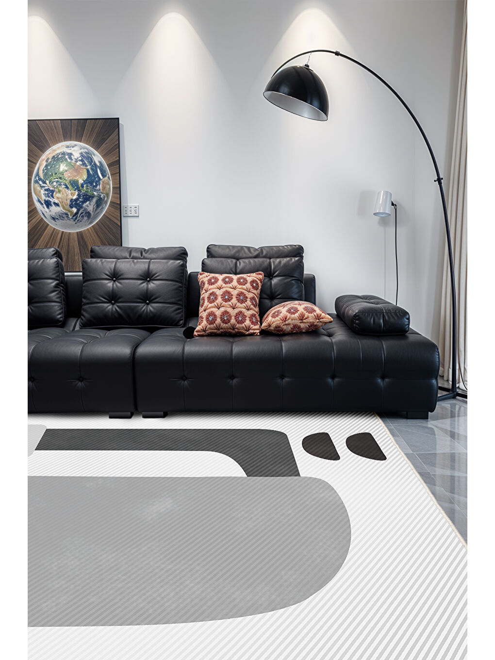 Gri Dekoratif Salon Halısı, Makinada Yıkanabilir, Kaymaz Taban, İnce & Modern Tasarım-1