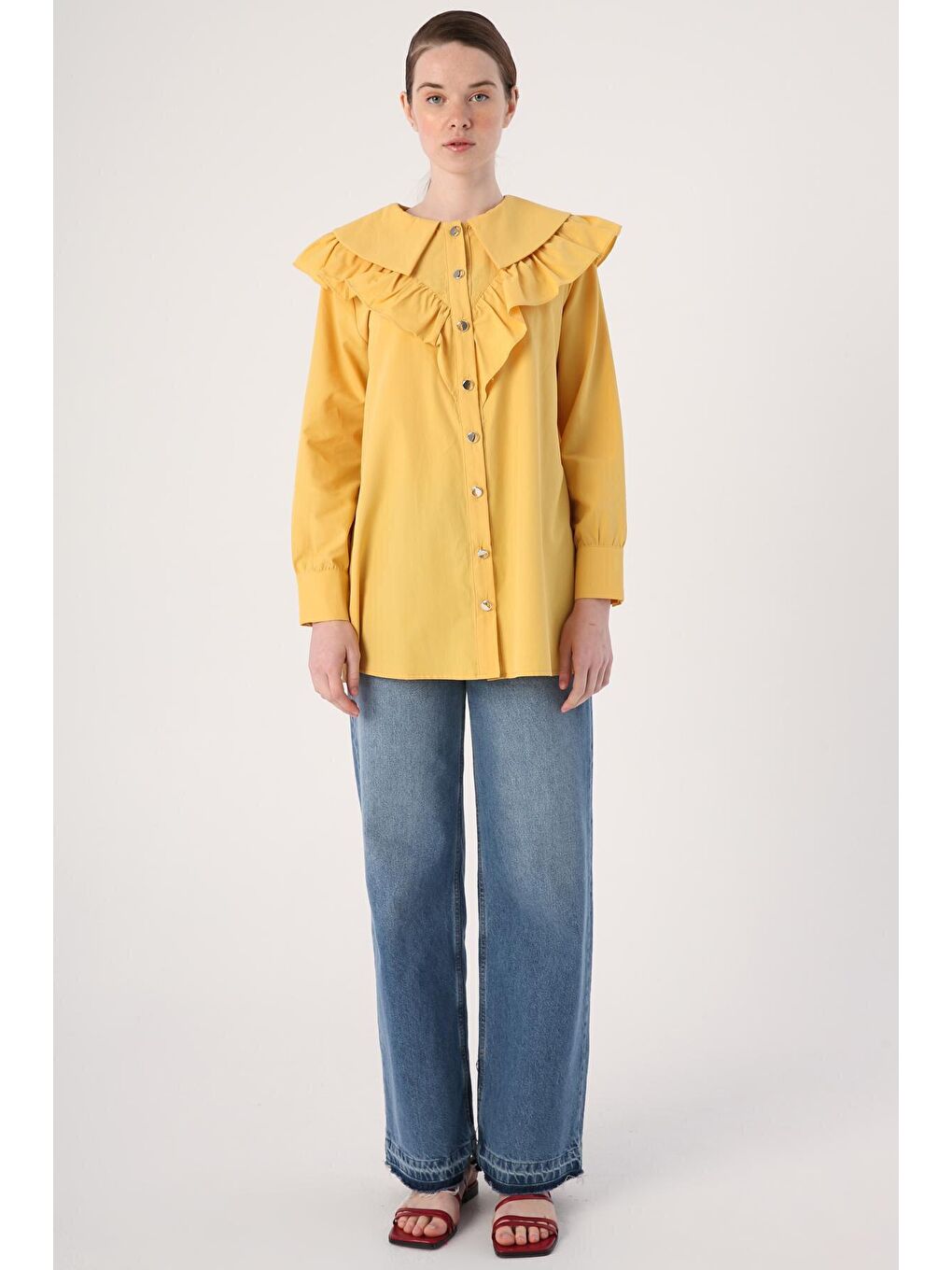Sarı Fırfırlı Büyük Yakalı Gömlek Tunik-1