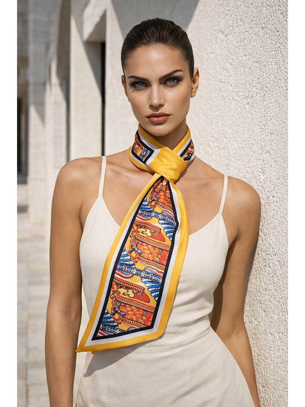 Canlı Sarı Retro Desenli Boyun Fuları FLR1020 SARI-5