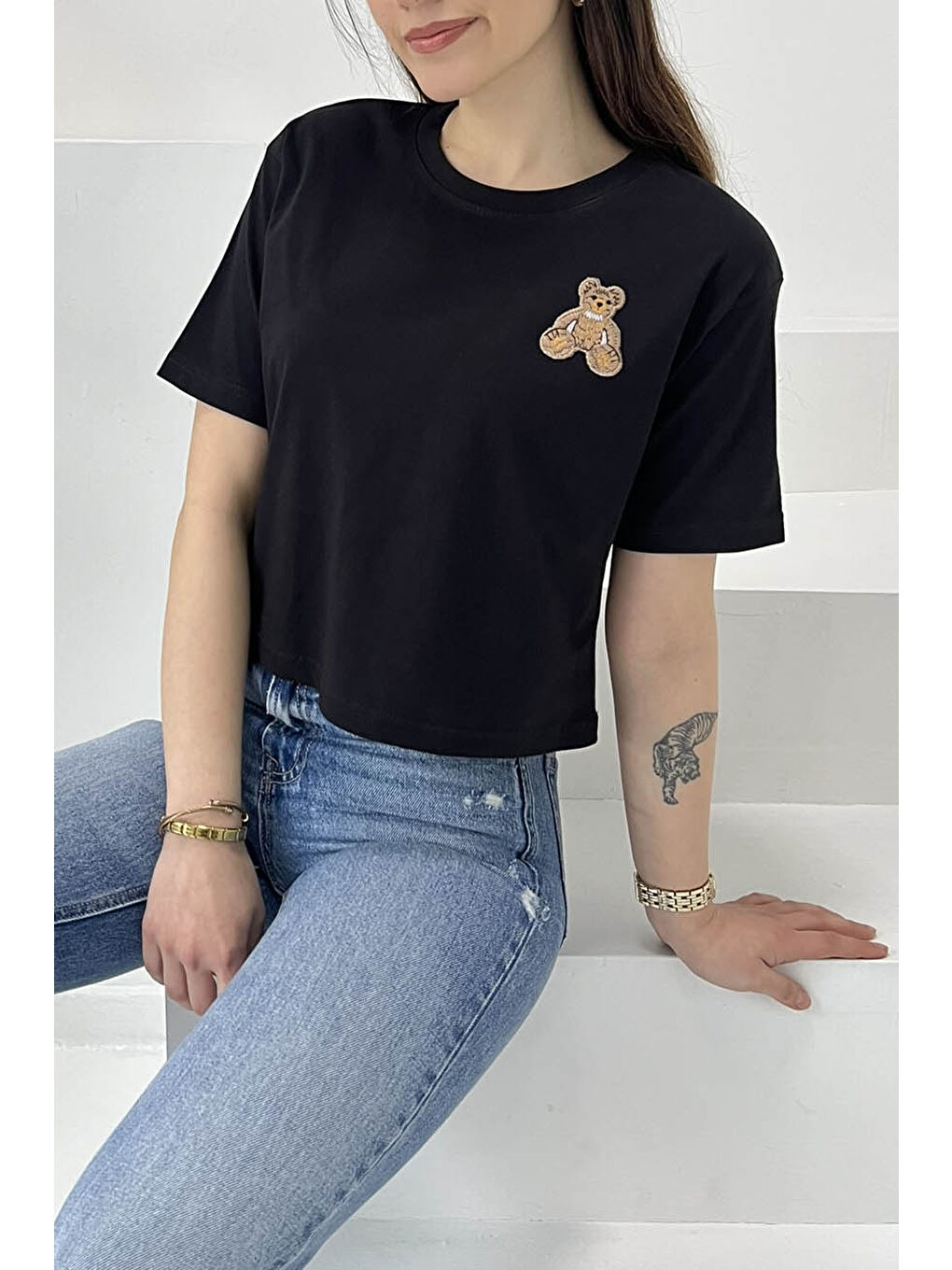 Ayıcık Nakışlı Kısa Kollu T-Şhirt Siyah - 27030