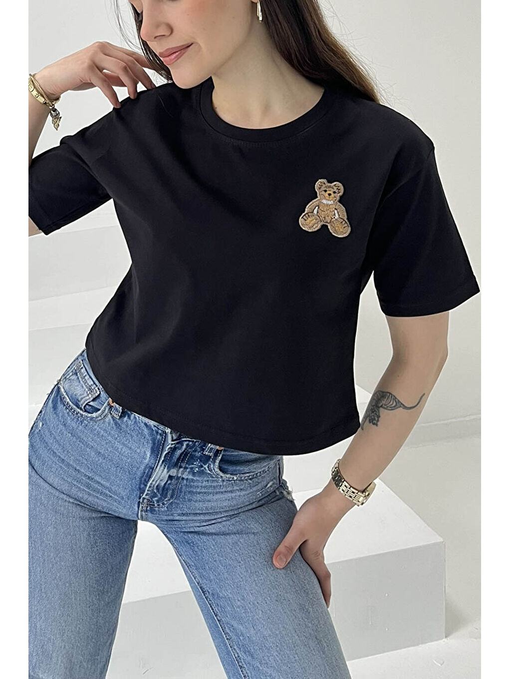 Ayıcık Nakışlı Kısa Kollu T-Şhirt Siyah - 27030-1