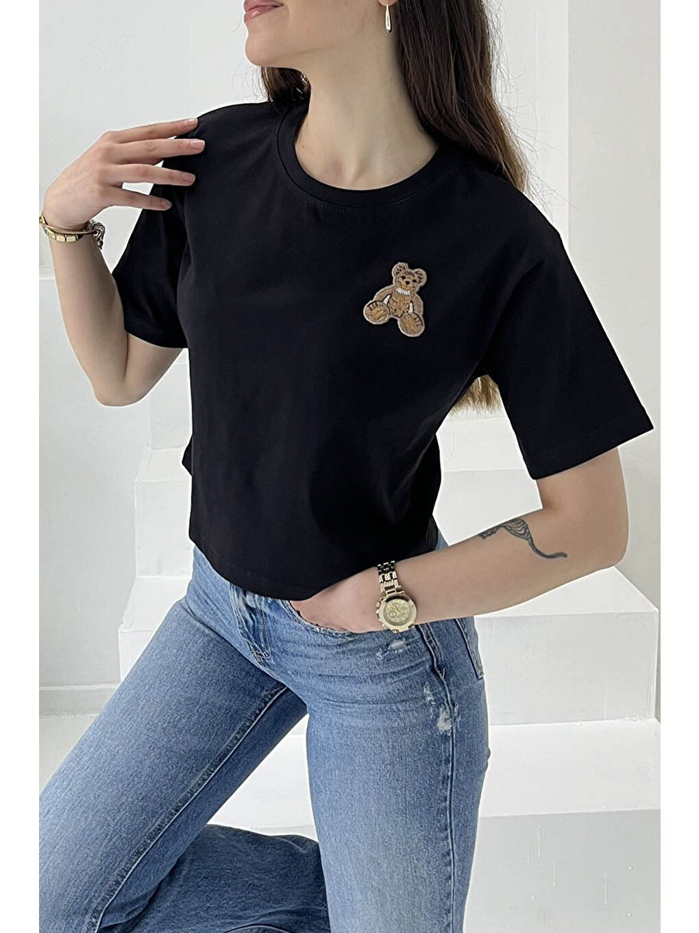 Ayıcık Nakışlı Kısa Kollu T-Şhirt Siyah - 27030-2