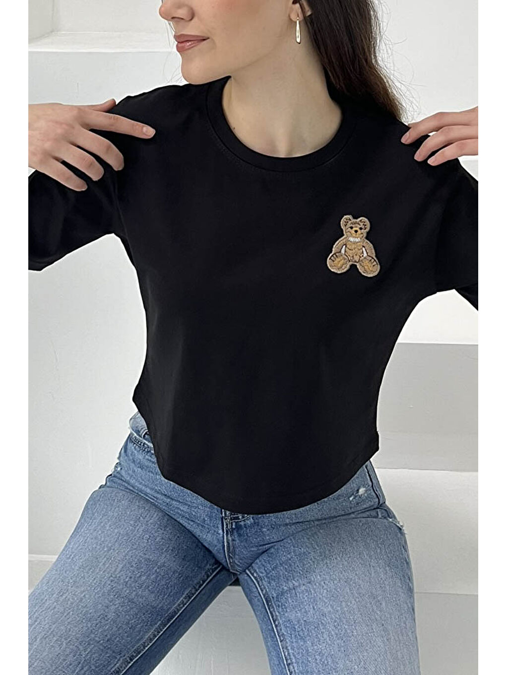 Ayıcık Nakışlı Kısa Kollu T-Şhirt Siyah - 27030-3
