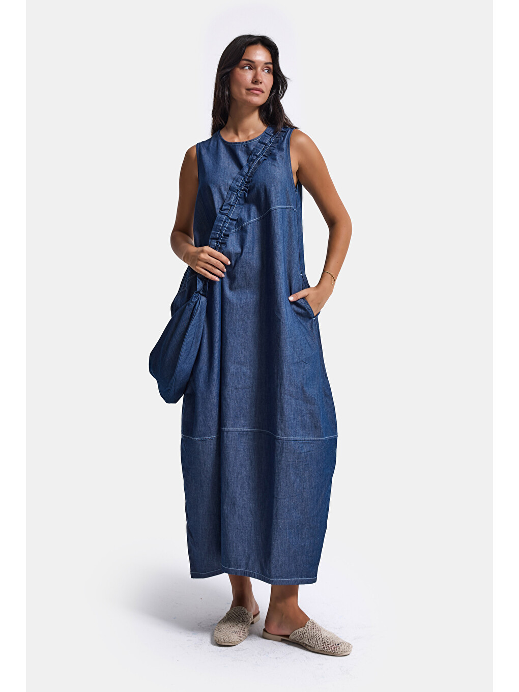 Kadın Koyu Mavi Oversize 2'li Tasarım Çanta Ve Elbise-1
