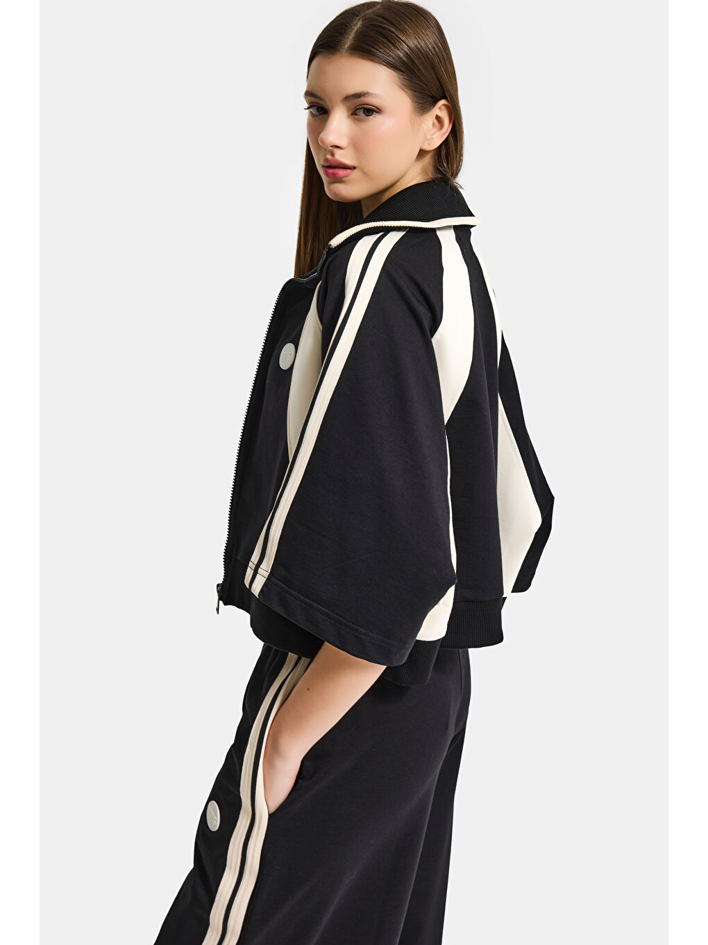 Kadın Siyah s6-1 Sweatshirt Yürüyüş Eşofman Pantolonu 2'li Tasarım Takım-2