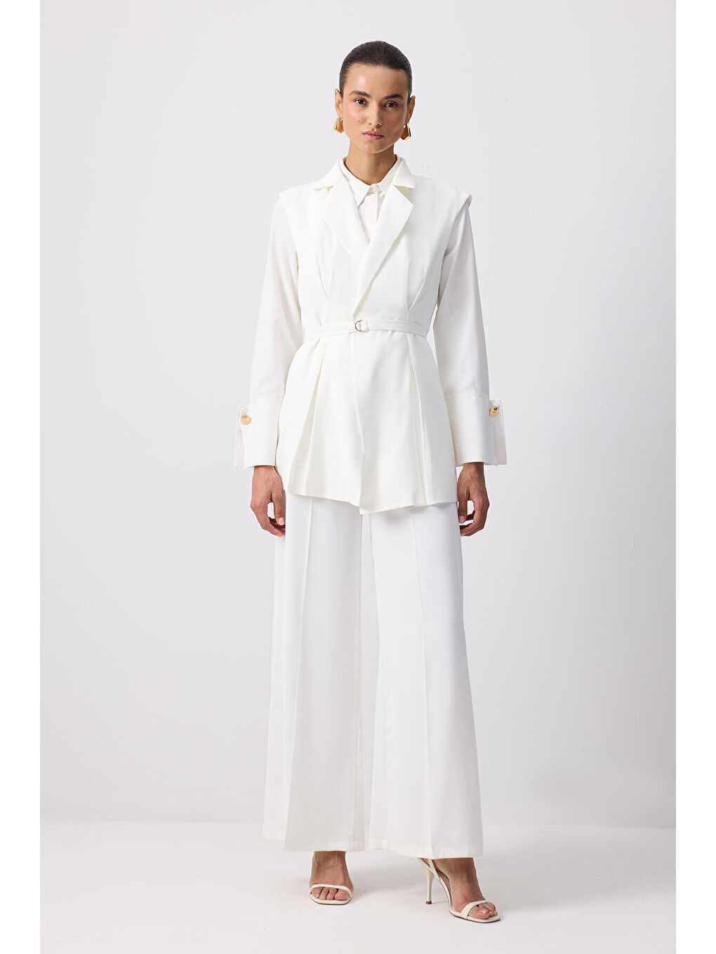 Ekru Pileli Kruvaze Yelek Pantolon Takım