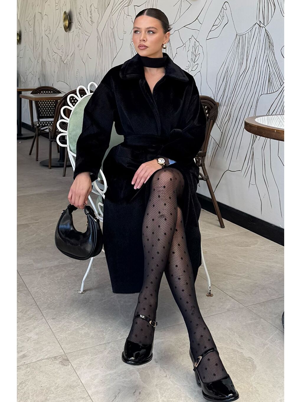 Siyah Kadın Gold Düğme Detaylı Bel Kuşaklı İç Astarlı Sakallı Kaban (s-m-l-xl Beden Uyumludur.)