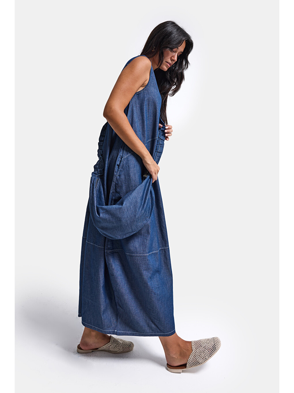 Kadın Koyu Mavi Oversize 2'li Tasarım Çanta Ve Elbise-3