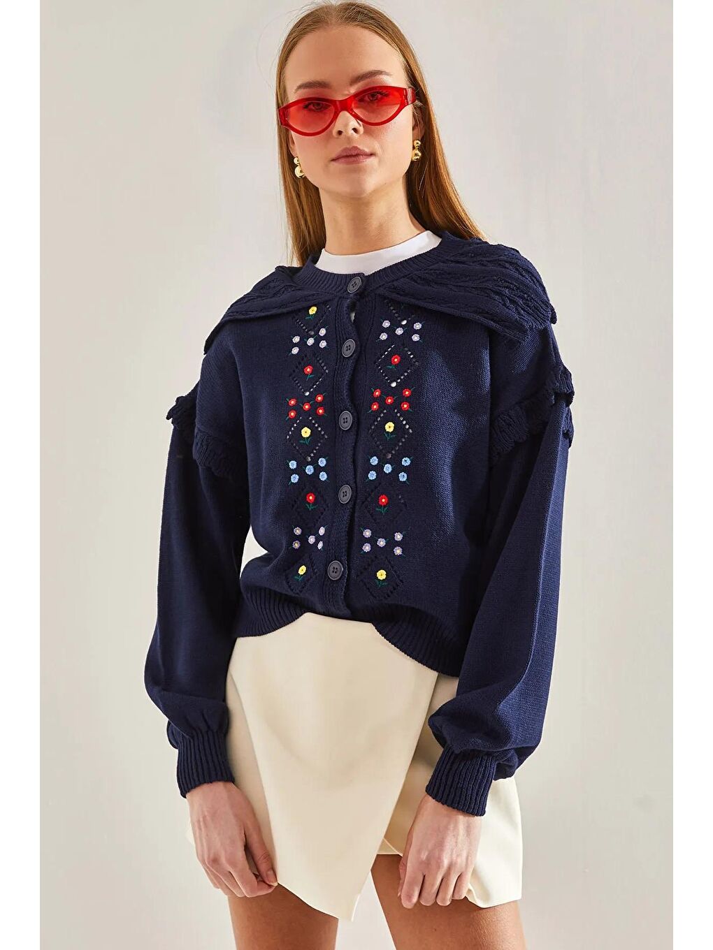 Lacivert Kadın Nakış İşlemeli Yaka Detaylı Triko Hırka-2