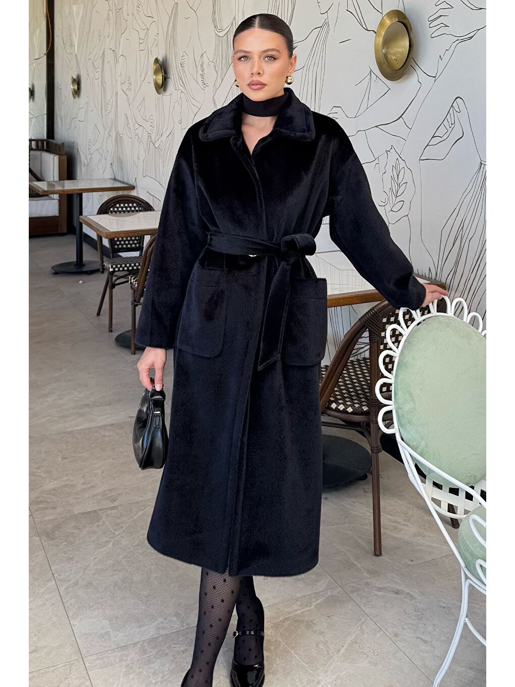 Siyah Kadın Gold Düğme Detaylı Bel Kuşaklı İç Astarlı Sakallı Kaban (s-m-l-xl Beden Uyumludur.)-1