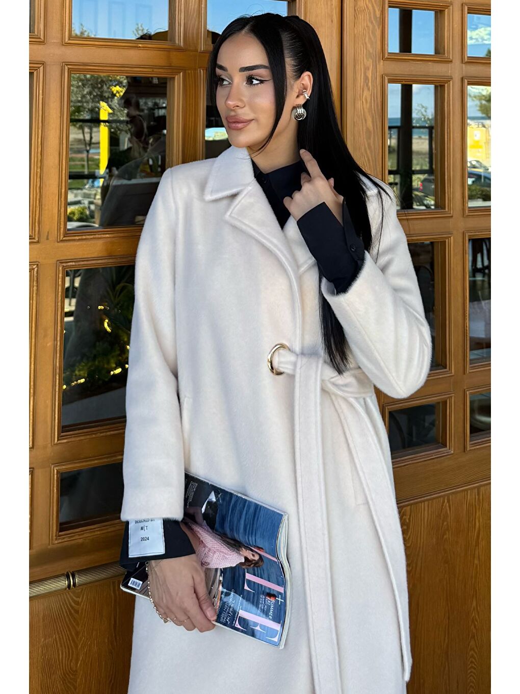 Ekru Kadın Gold Tokalı Kuşaklı İç Astarlı Sakallı Kaban-2